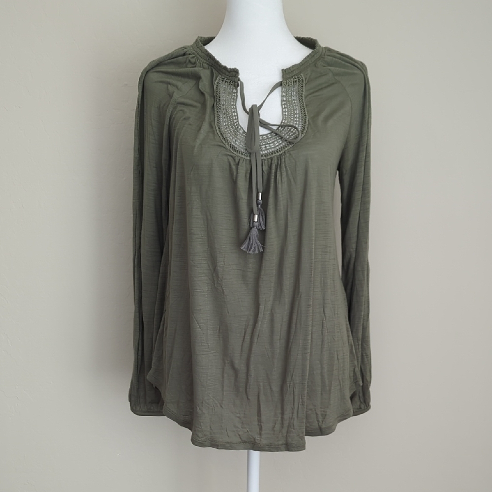 White House Black Market Khaki Cold Shoulder Blouse with Tie Front, S